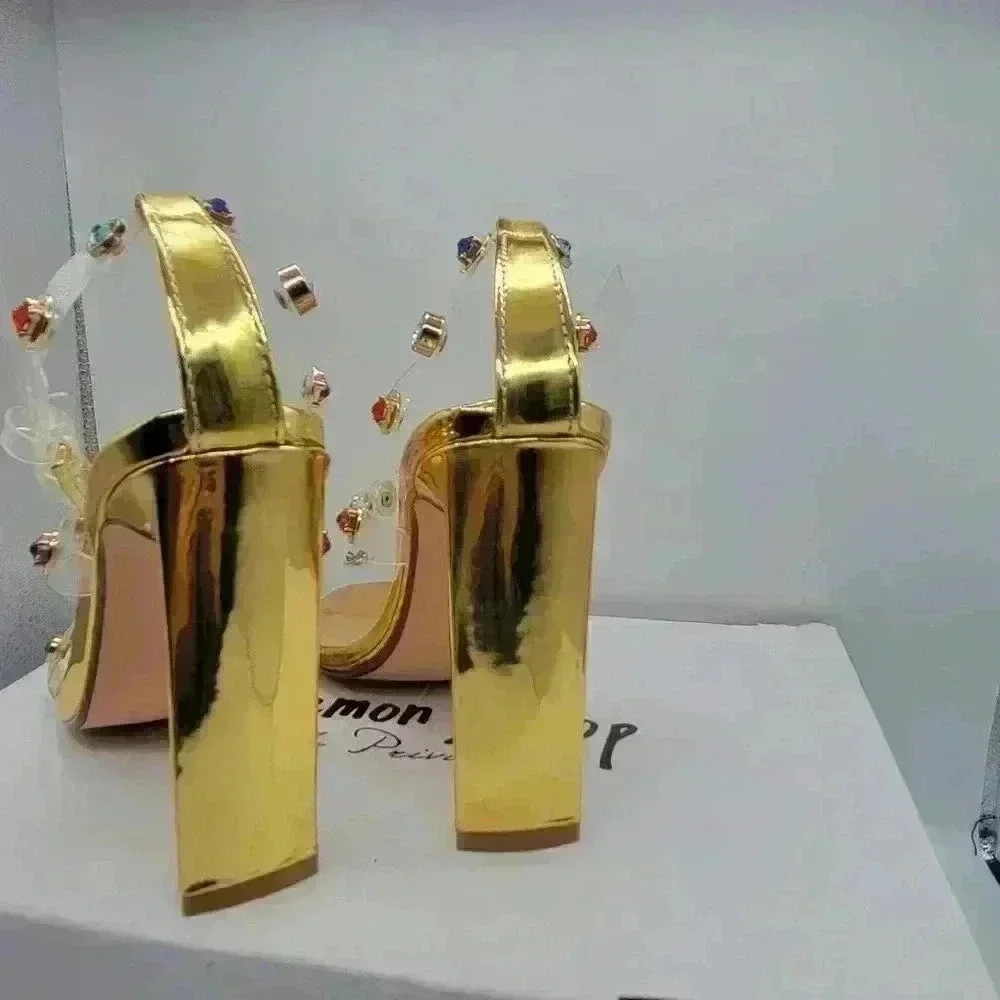NEW IN BOX Lemon Drop by Privilege Strappy Gold Sandals 6.5 High Heel W/Stones - Picture 10 of 16